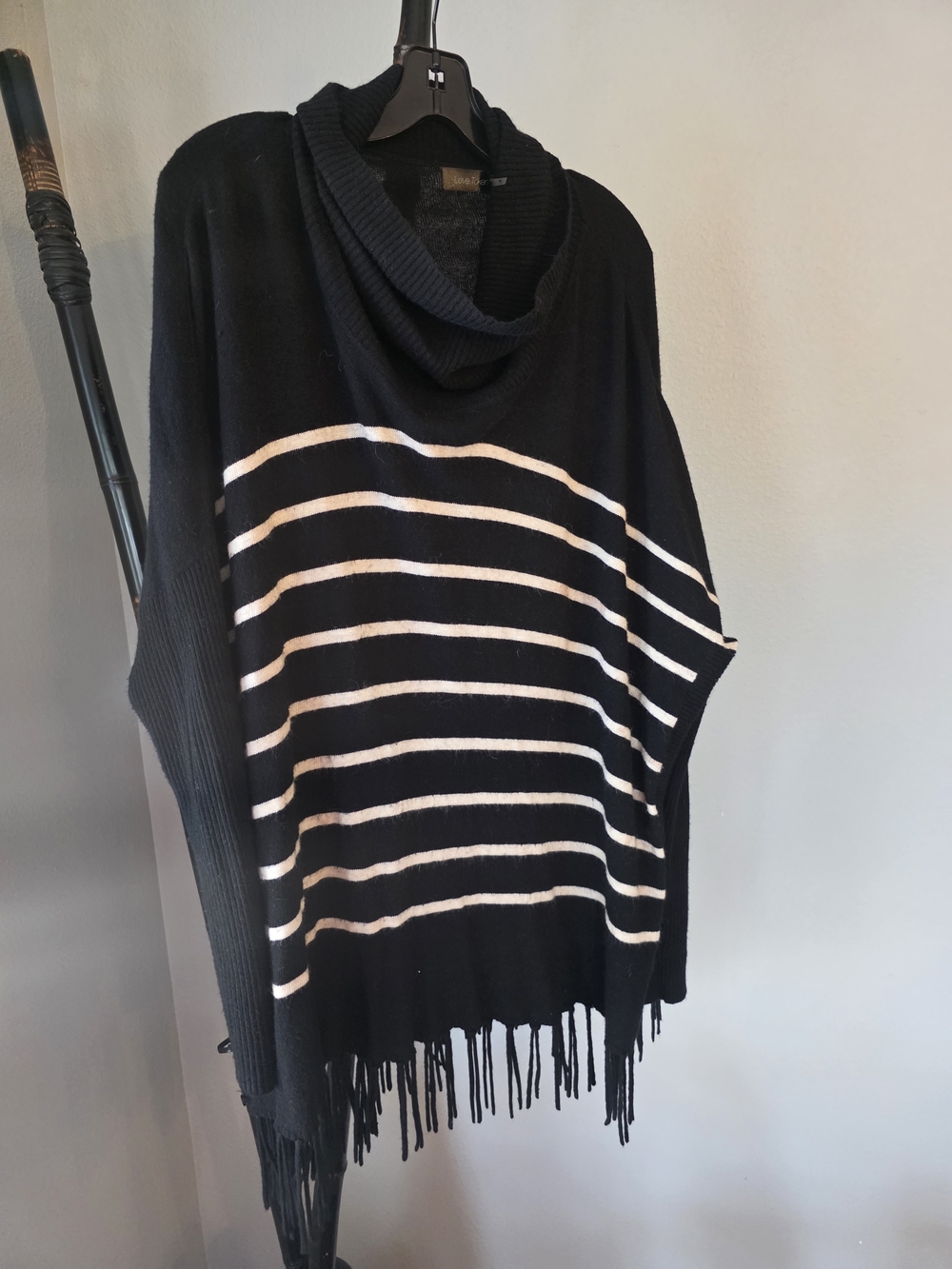 Love Token Black and White Striped Fringe Cowl Sweater